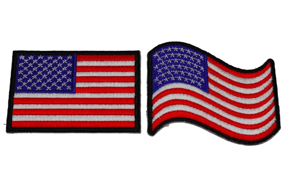 Set of 2 Black Border US Flag Patches Rectangular and Waving