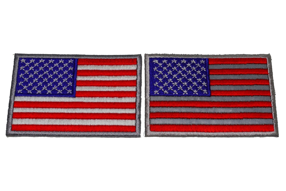 Set of 2 Gray Bordered US Flag Patches Reflective and White Stripes