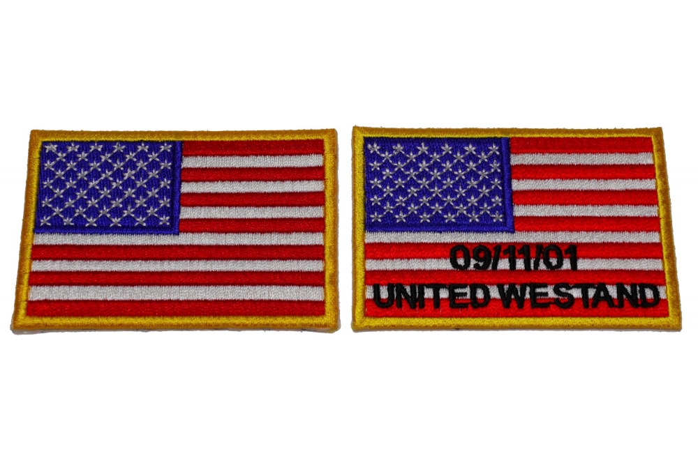 Set of 2 Yellow Border American Flag Patches in memory of Sept 11 2001