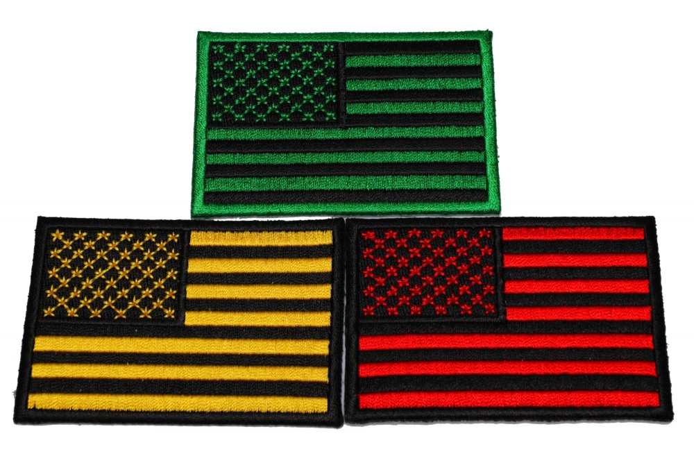 Set of 3 American Flag Patches in Green Yellow and Red Stripes and Stars