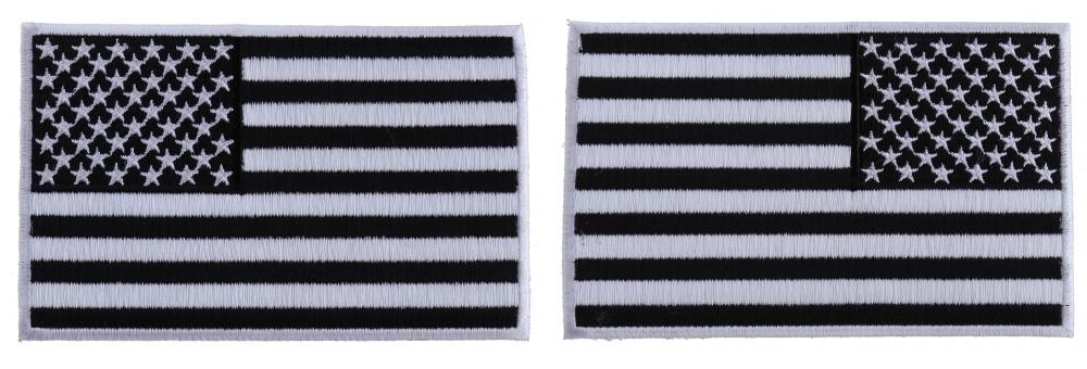 5 inch Black and White American Flag Patches with White Borders, Left and Right 2 Piece Patch Set