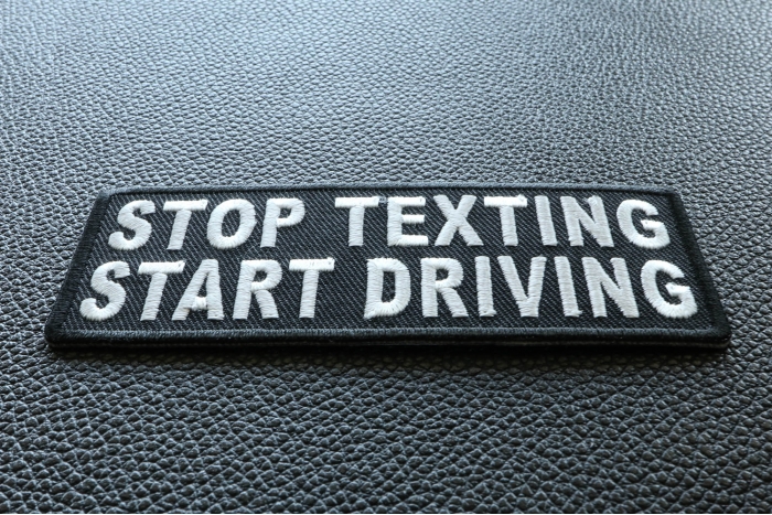 Stop Texting Start Driving Biker Patch diagonal view