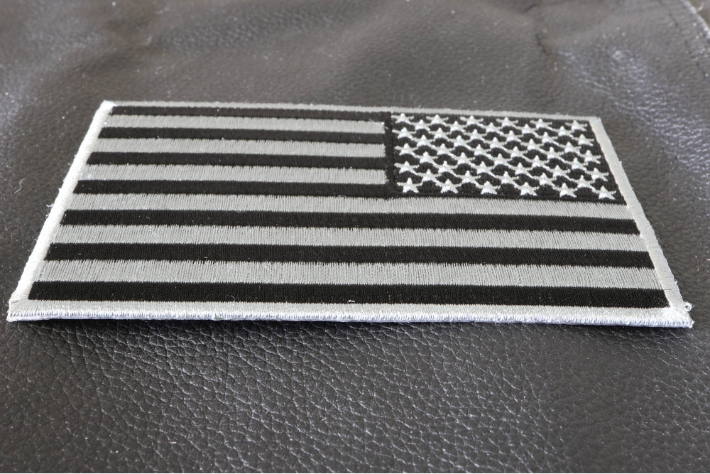 Black and Gray American REVERSED Flag Patch Black and Gray American REVERSED Flag Patch diagonal view