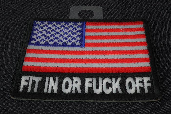 Fit In or Fuck Off USA Flag Patch diagonal view