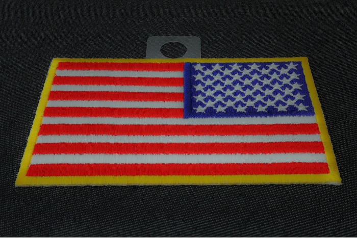 Reversed US Flag Patch 4 Inch Yellow Border diagonal view