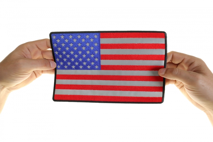American Flag Patch, Large Reflective Back Patch for Jackets shown on hand for size comparison