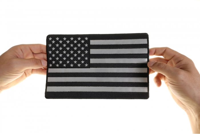 American Flag Patch, Large Reflective Back Patch for Jackets shown on hand for size comparison