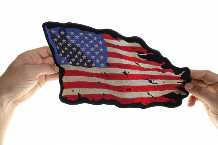 Waving American Flag Patch, Large Patriotic Patches shown on hand for size comparison