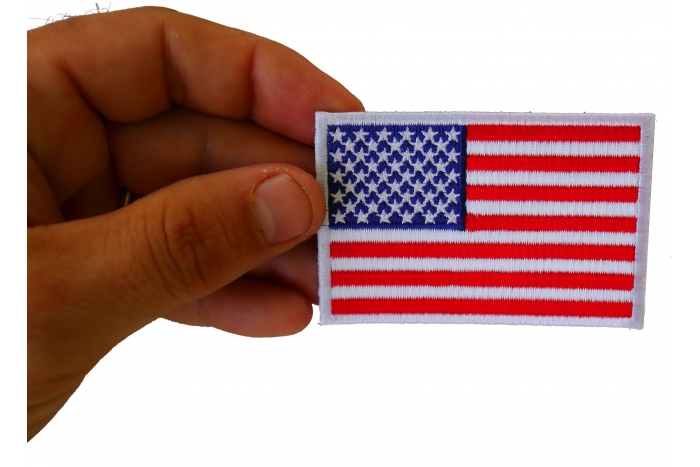 US Flag White Border Patch shown on hand for size comparison