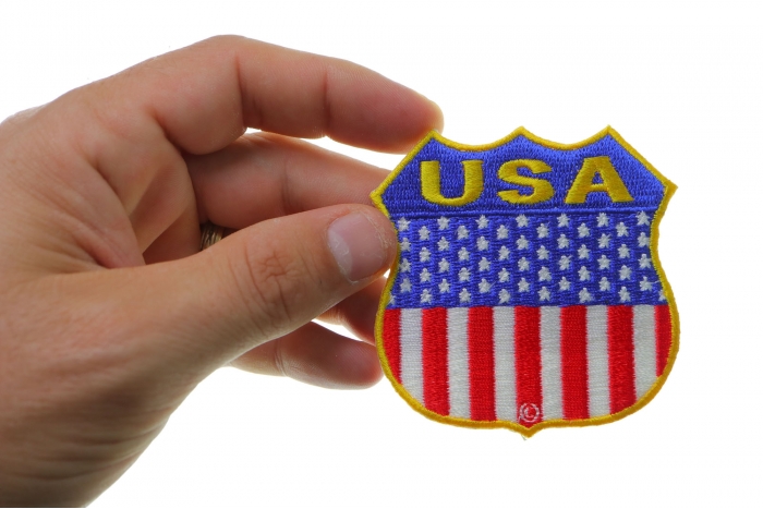USA  Shield Flag Patch shown on hand for size comparison