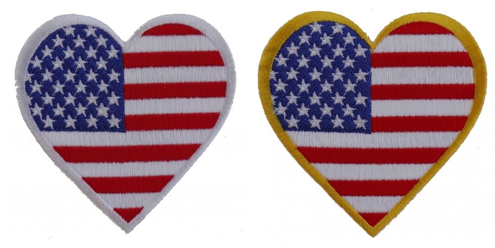 Heart Shaped US Flag Patches With Yellow and White Border Set Of 2