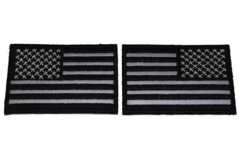 Left and Right Reflective Monochrome American Flag Patches 3 Inches