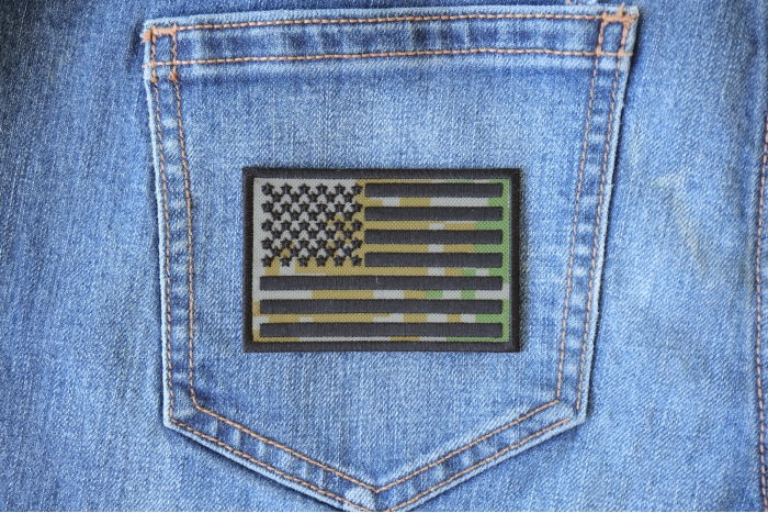 American Flag Camo Patch shown on jeans