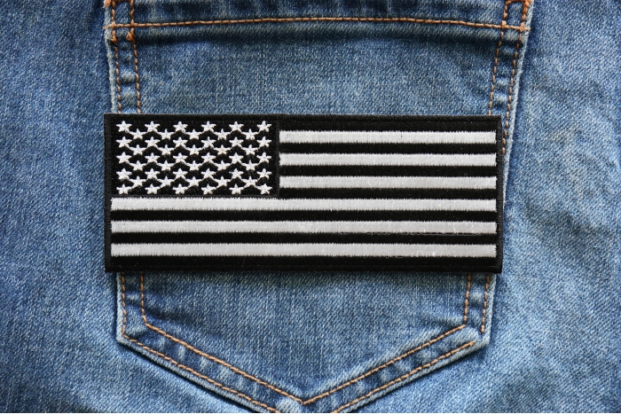 American Flag Patch Black White 5 inch shown on jeans
