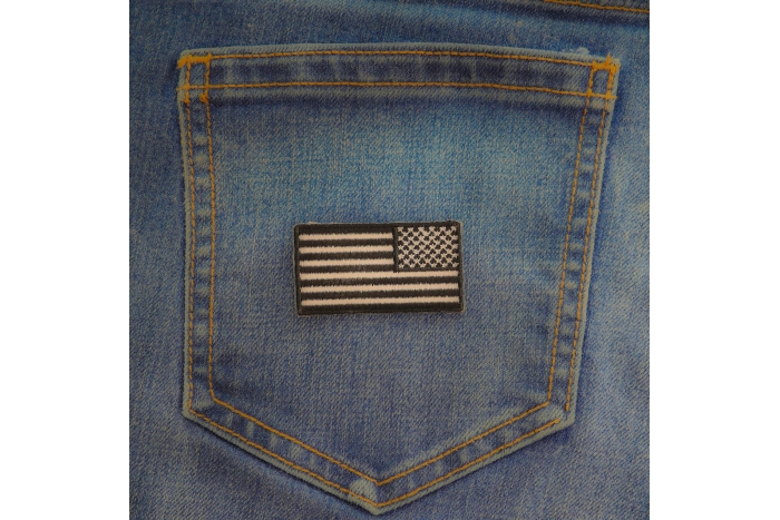 American Flag Patch reversed 2 inch black and white shown on jeans