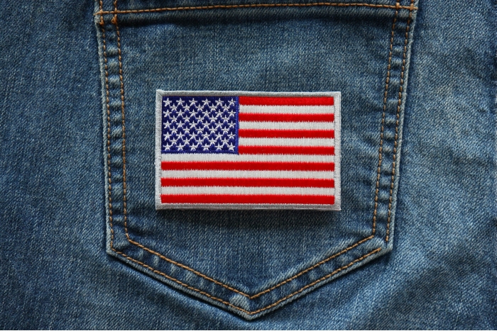 American Flag Patch Silver Border shown on jeans