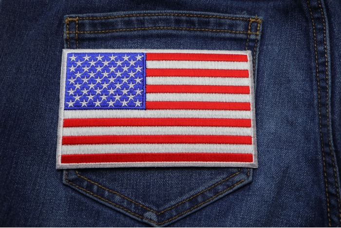 American Flag Patch with White Borders shown on jeans