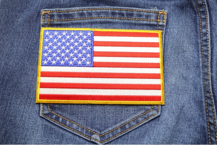 American Flag Patch with Yellow Borders shown on jeans