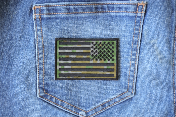 American Flag Reversed Camo Patch shown on jeans