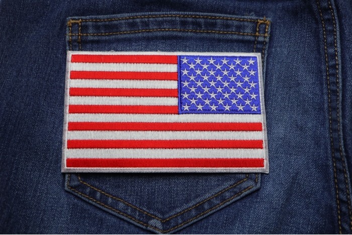 American REVERSED Flag Patch with White Borders shown on jeans
