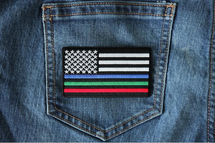 Blue Green and Red Striped American Flag Patch shown on jeans
