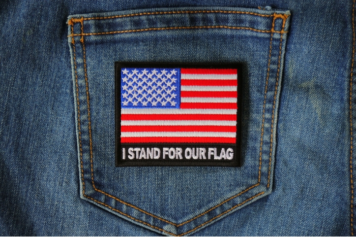 American Flag Patch I stand for our Flag Iron on Patch for Jackets shown on jeans
