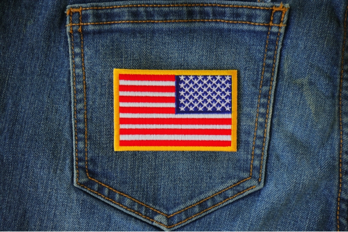 Reversed American Flag Patch shown on jeans