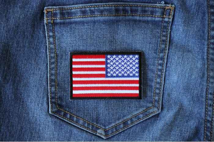 Reversed American Flag with Black Borders Patch shown on jeans