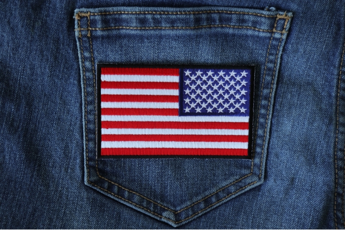 Reversed US Flag Patch 4 Inch Black Border shown on jeans
