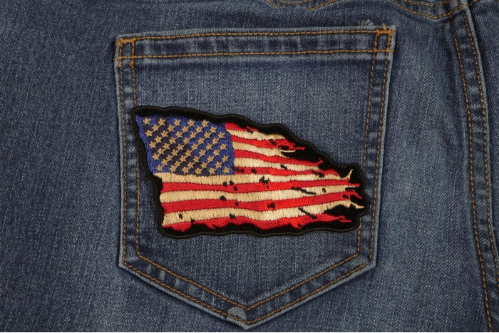 Tattered US American Flag Patch Small shown on jeans