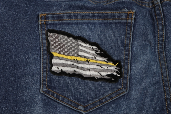 Thin Yellow Line American Tattered Flag Patch shown on jeans