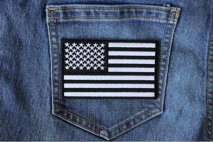 US Flag Black White Patch 4 Inch shown on jeans
