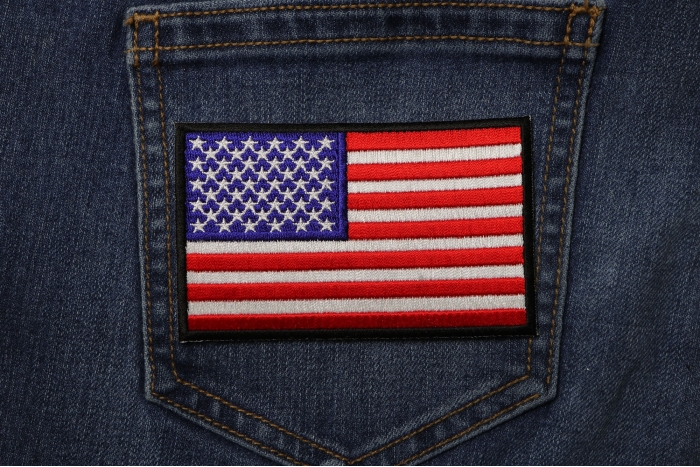 US Flag Patch 4 Inch Black Border shown on jeans