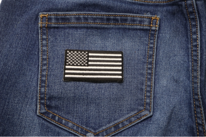 US Flag Patch Black and White 2.5 Inch shown on jeans