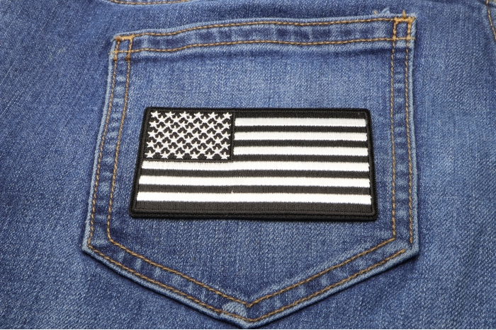 US Flag Patch Black and White 3.5 Inch shown on jeans