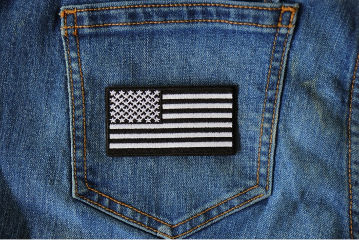 US Flag Patch Black and White 3 Inch shown on jeans