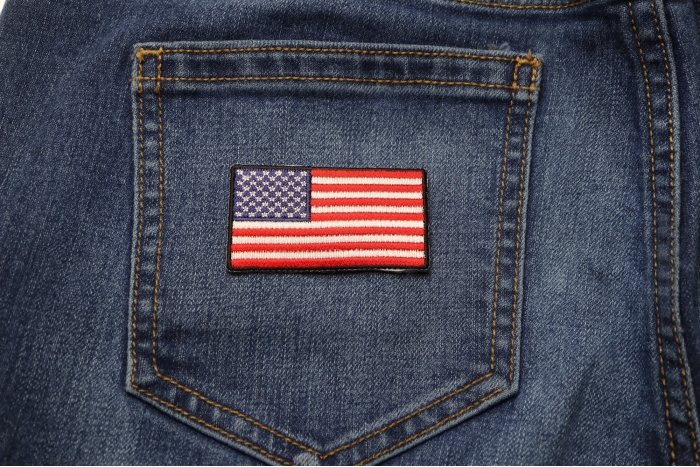 US Flag Patch Black Border 2.5 Inch shown on jeans