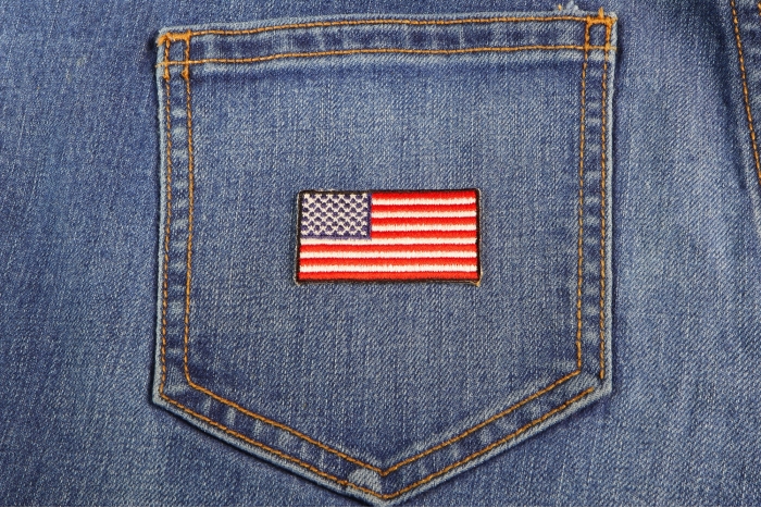 US Flag Patch Black Border 2 Inch shown on jeans