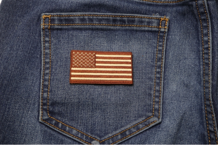 US Flag Patch Earth Terrain 2.5 Inch shown on jeans