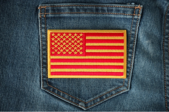US Flag Patch Red Yellow Marine Colors shown on jeans