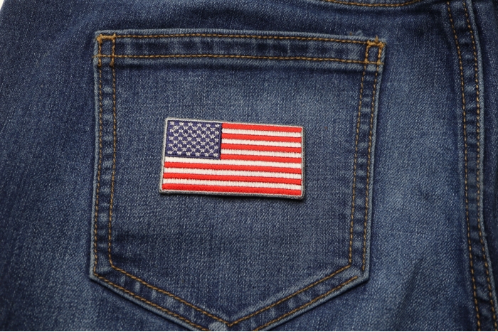 US Flag Patch Silver Border 2.5 Inch shown on jeans