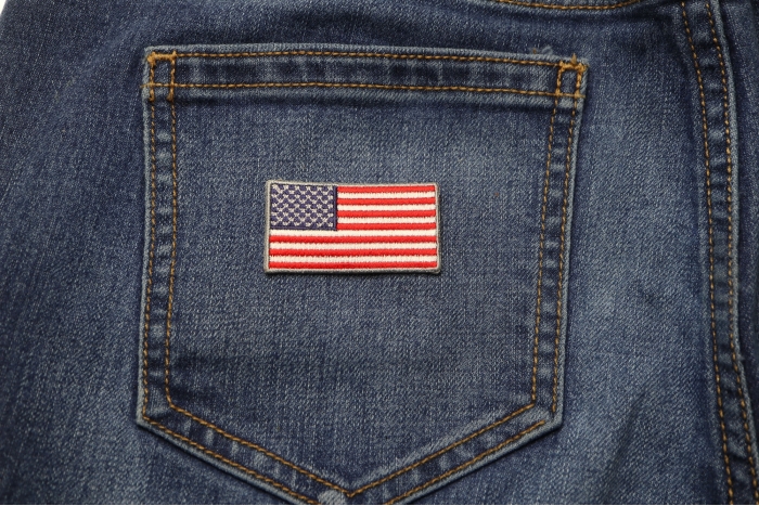 US Flag Patch Silver Border 2 Inch shown on jeans