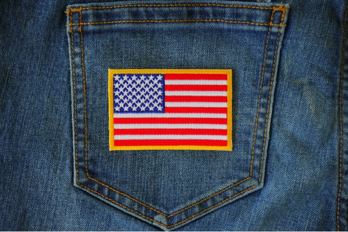 US Flag Patch Small Yellow Border 3 Inch shown on jeans