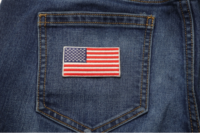 US Flag Patch White Border 2.5 Inches shown on jeans