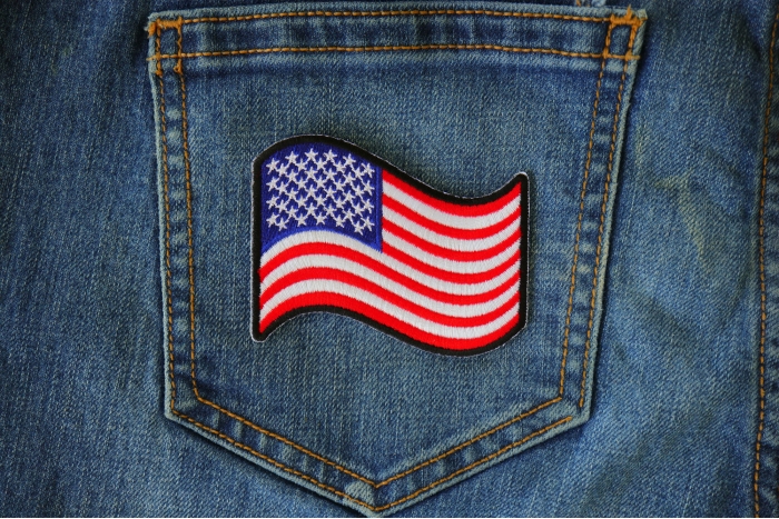 Waving US Flag Patch shown on jeans