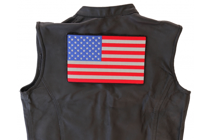 American Flag Patch, Large Reflective Back Patch for Jackets shown on leather vest