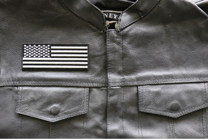 American Flag Patch Black White 5 inch - 5x2 inch - Embroidered Iron on Patch shown on leather vest