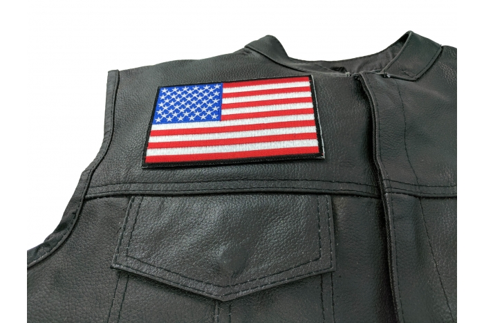 American Flag Patch with Black Borders - 5x3 inch. Embroidered Iron on Patch shown on leather vest