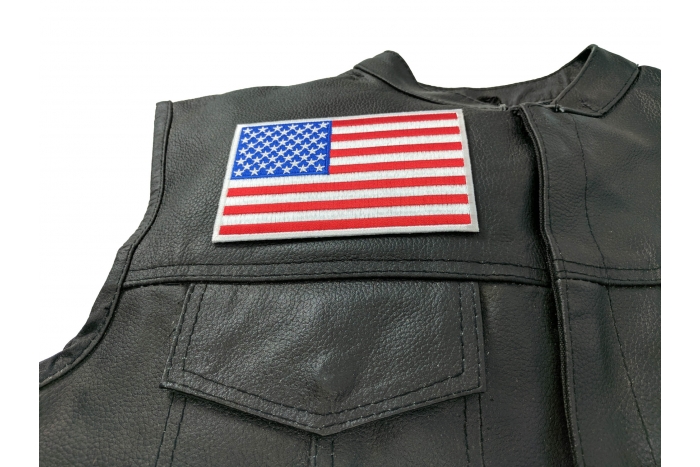 American Flag Patch, Iron on Embroidered shown on leather vest