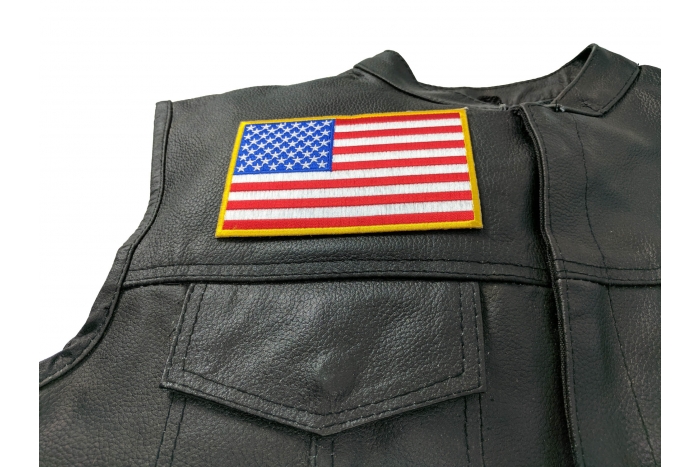 American Flag Patch with Yellow Borders - 5x3 inch. Embroidered Iron on Patch shown on leather vest